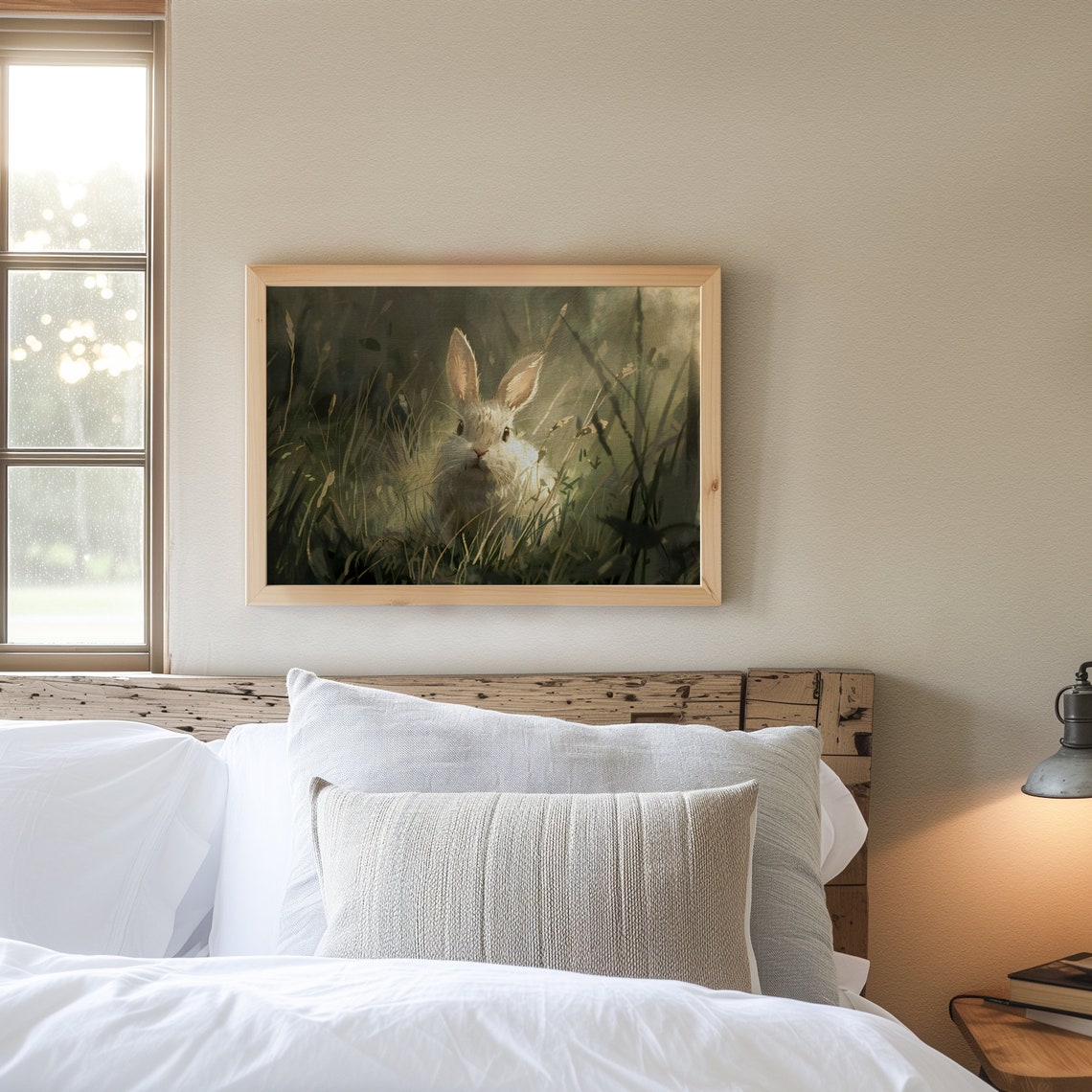 White Rabbit Resting in Sunlit Meadow Wild Grass Nature Poster - Image 7