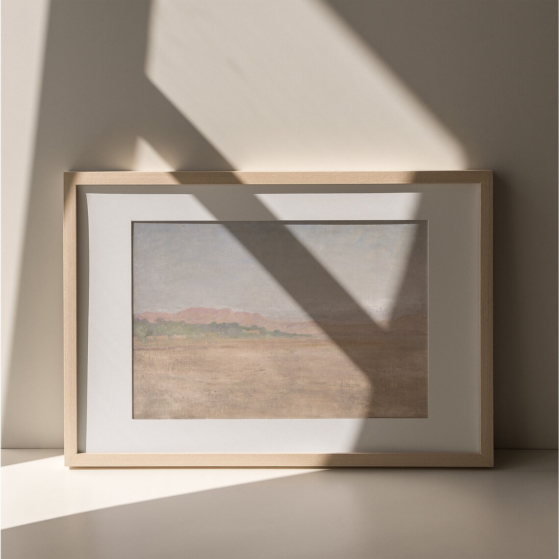 Warm Desert Plain Distant Pink Hills Muted Tonal Landscape Painting Wall Art - Image 4