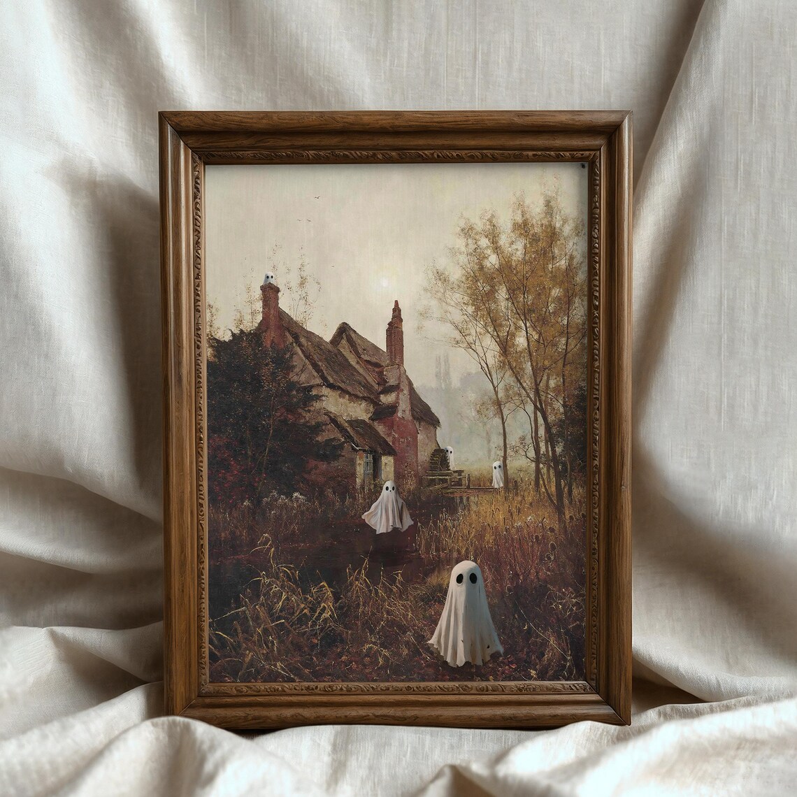 Cute Ghosts Autumn Marsh Old Cottage Vintage Halloween Landscape Art Poster - Image 4