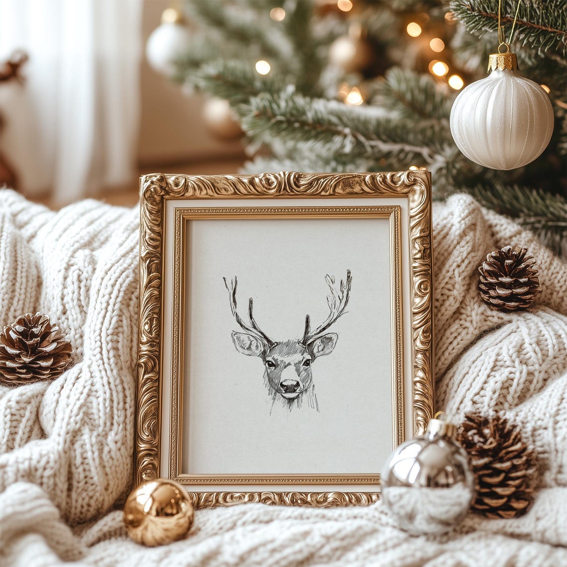 Stag Head Pencil Sketch Minimalist Deer Antlers Oval Art Poster - Image 2