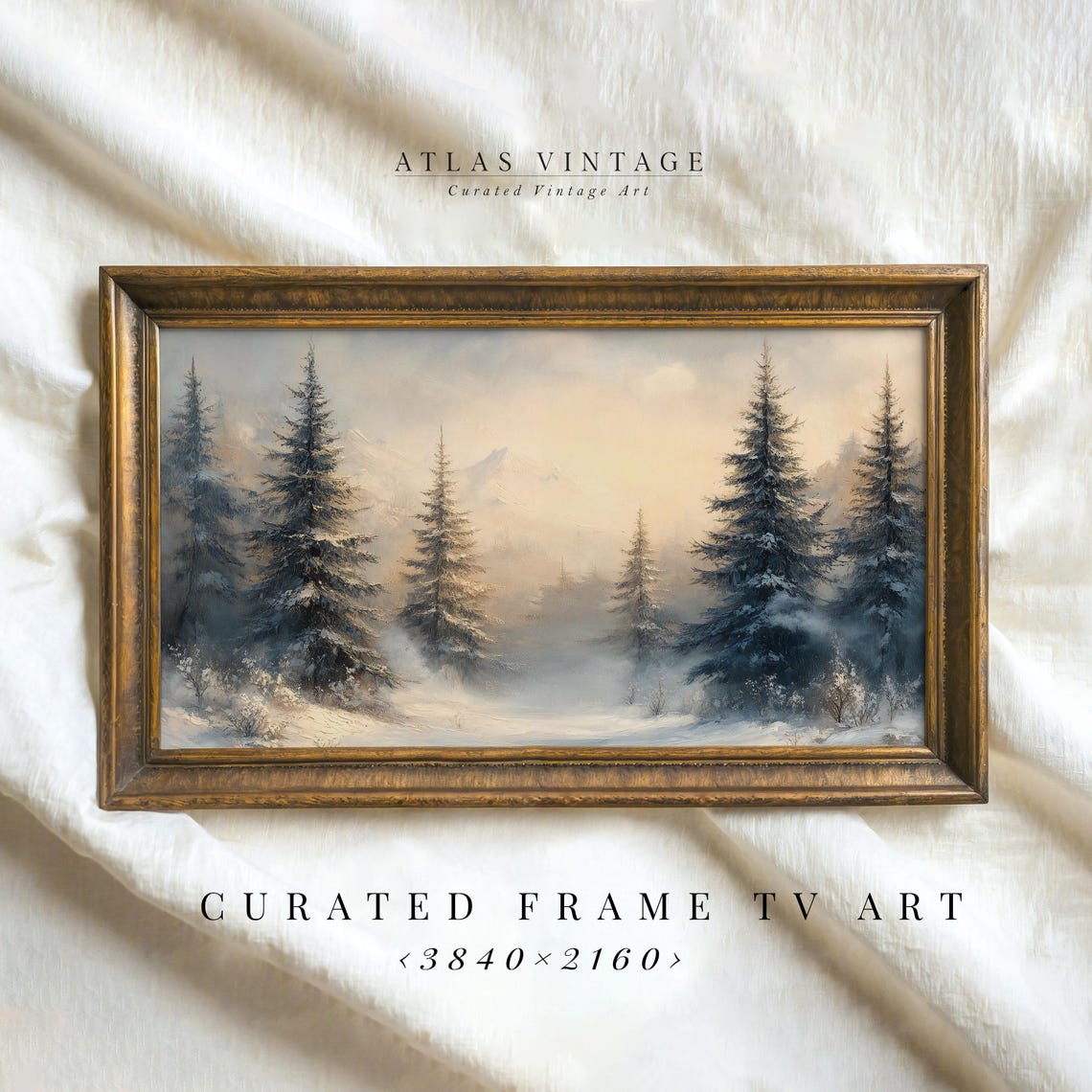 Snow Covered Pines in Misty Blue Forest Vintage Winter Art Poster