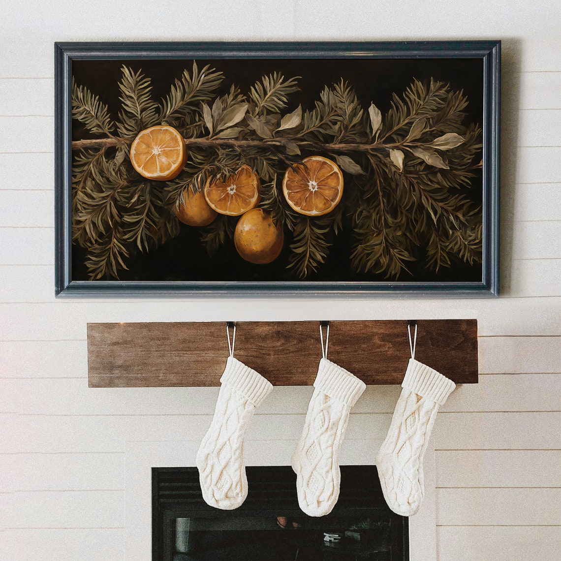 Dark Moody Evergreen Garland with Sliced Oranges Holiday Poster - Image 3
