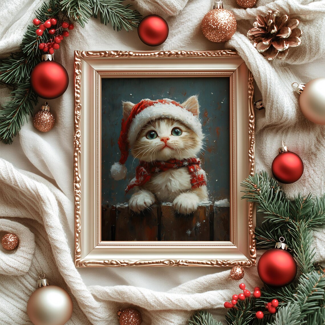 Baby Kitten in Santa Hat Cute Christmas Cat Oil Painting Poster - Image 3
