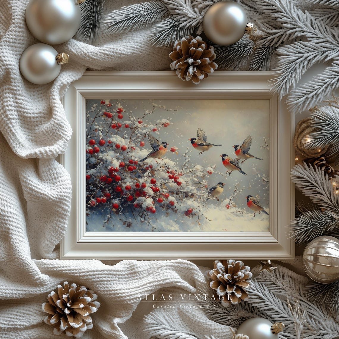 Songbirds Among Snowy Red Berries Winter Bird Scene Art Poster - Image 7