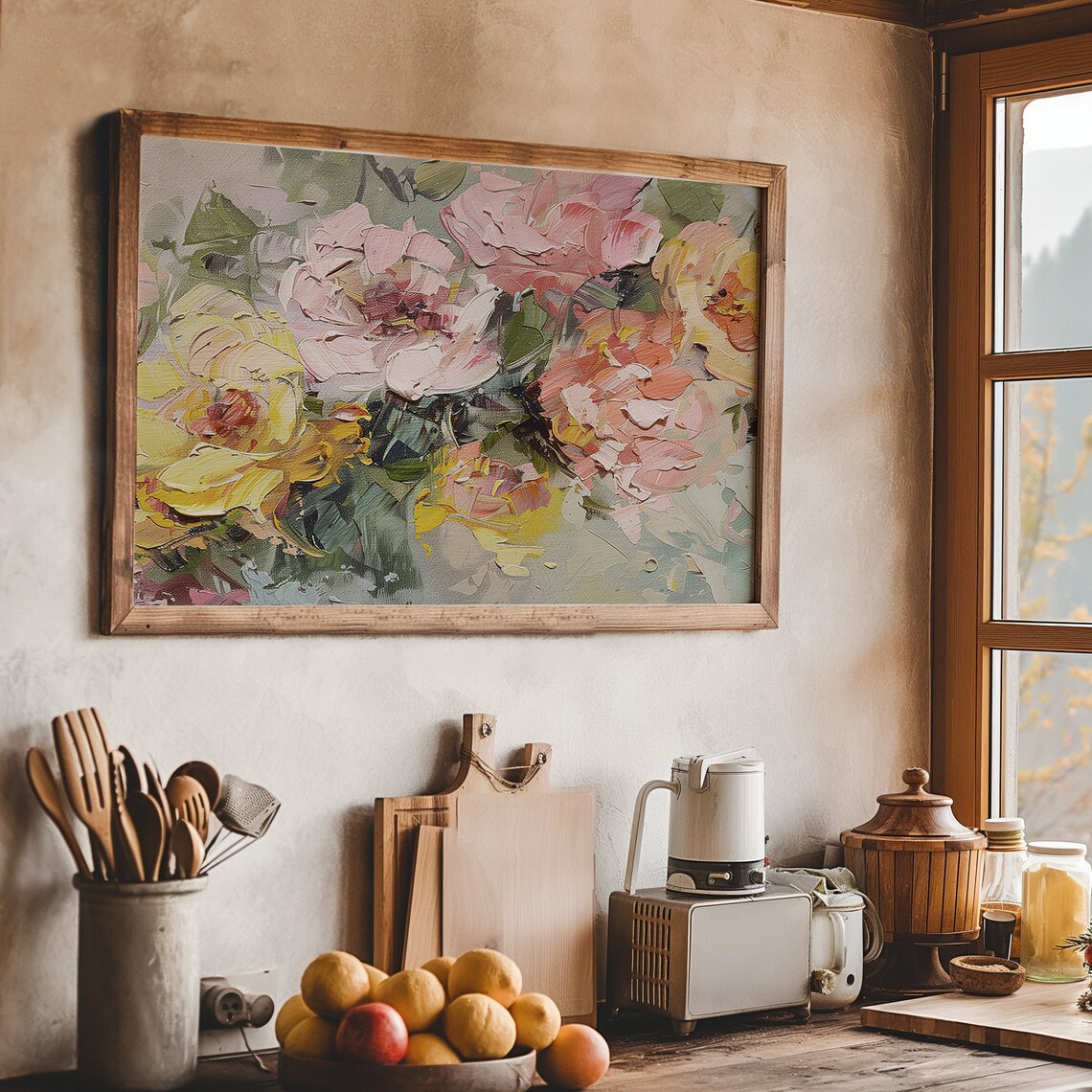 Colorful Pink and Yellow Peonies Impasto Floral Painting Poster - Image 8