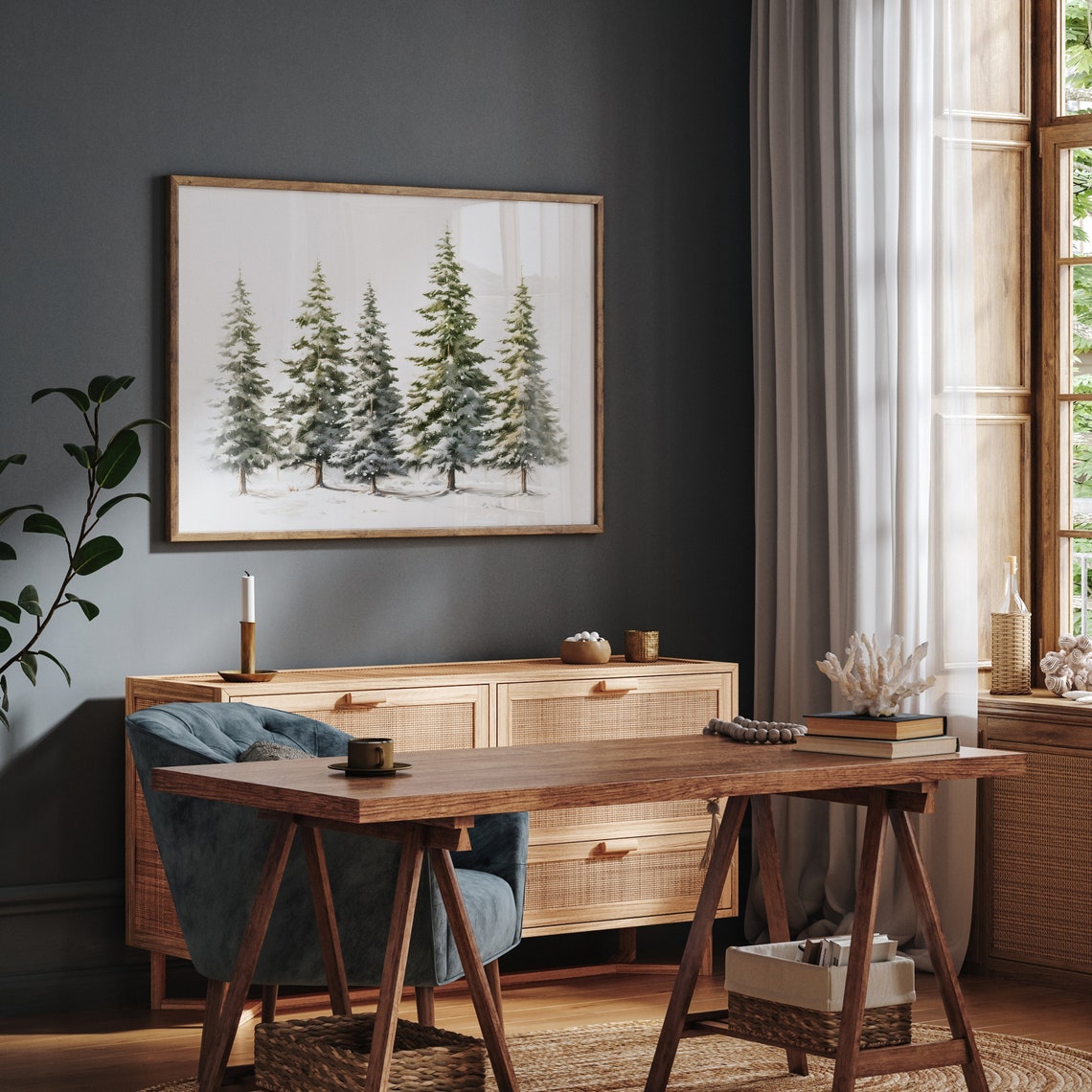 Five Snowy Pine Trees Minimalist Winter Forest Watercolor Poster - Image 3