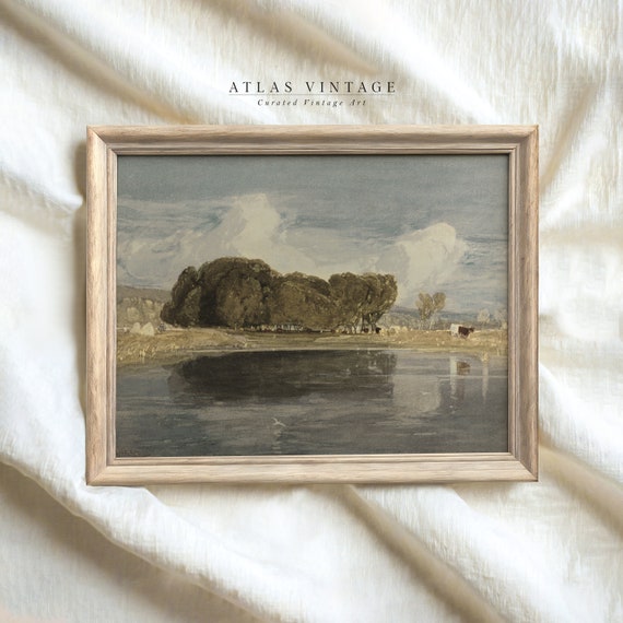 Country Pond Landscape Watercolor Muted Vintage Wall Art Decor Painting