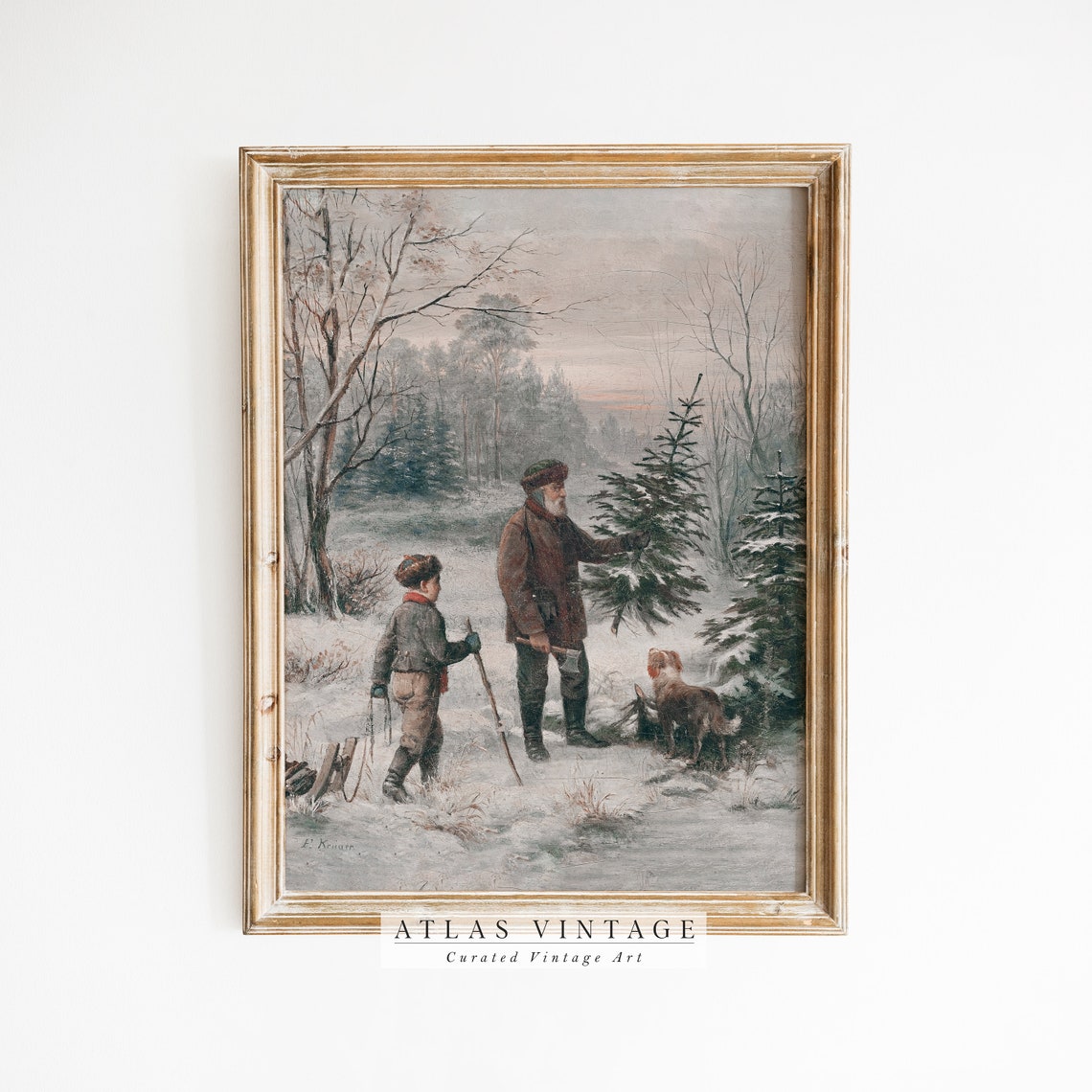 Father and Son Choosing Christmas Tree Vintage Winter Poster