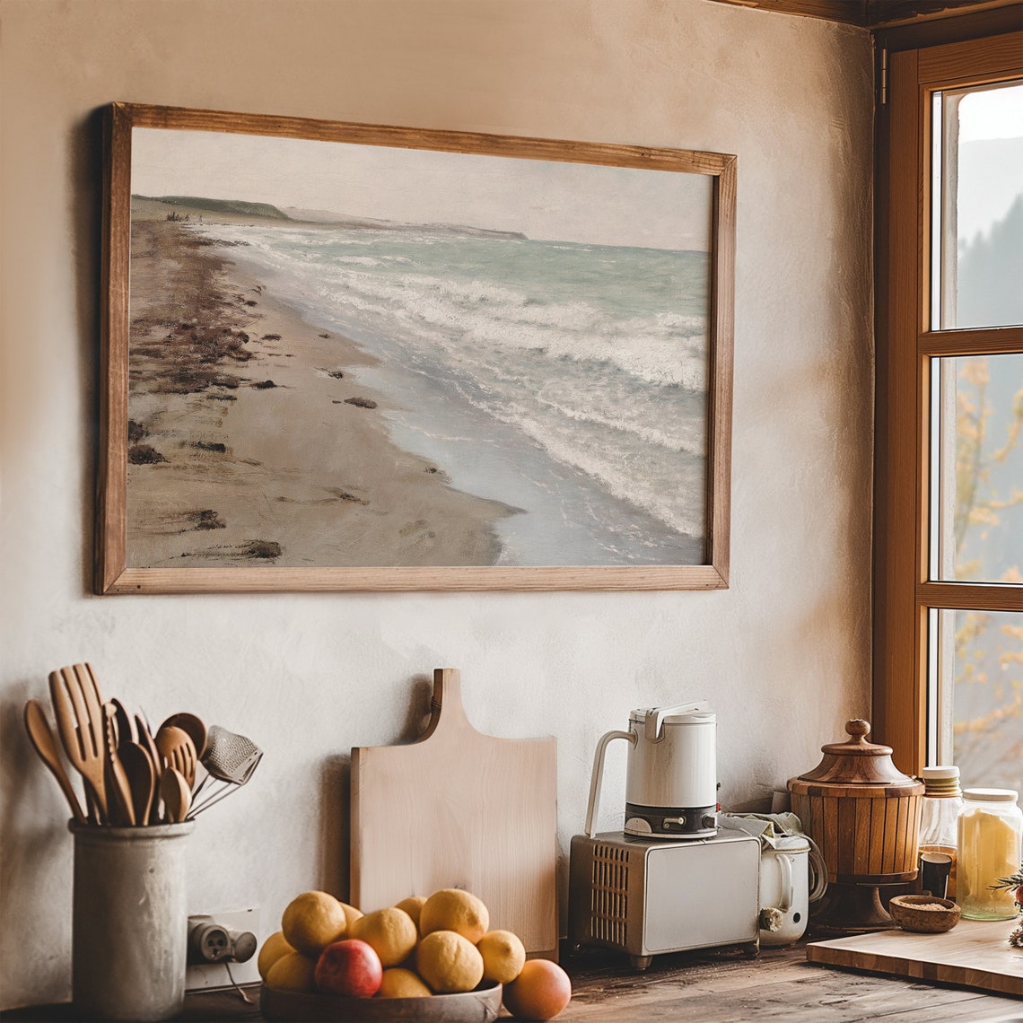 Vintage Coastal Seascape Sandy Beach With Foam Waves Art Poster - Image 6