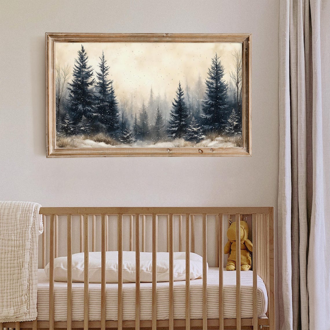 Misty Snowy Pine Forest Frame TV Art Winter Trees Falling Snow Poster - Image 7