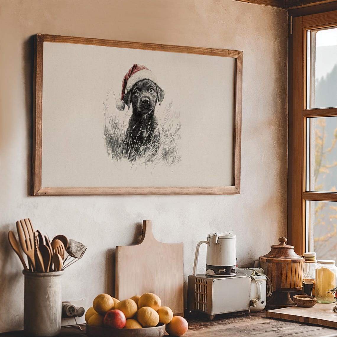 Black Puppy In Santa Hat Sketch Frame Tv Art Nursery Christmas Decor Cute Baby Dog Drawing Tv Art Vintage Animal Xmas Screensaver - Image 2