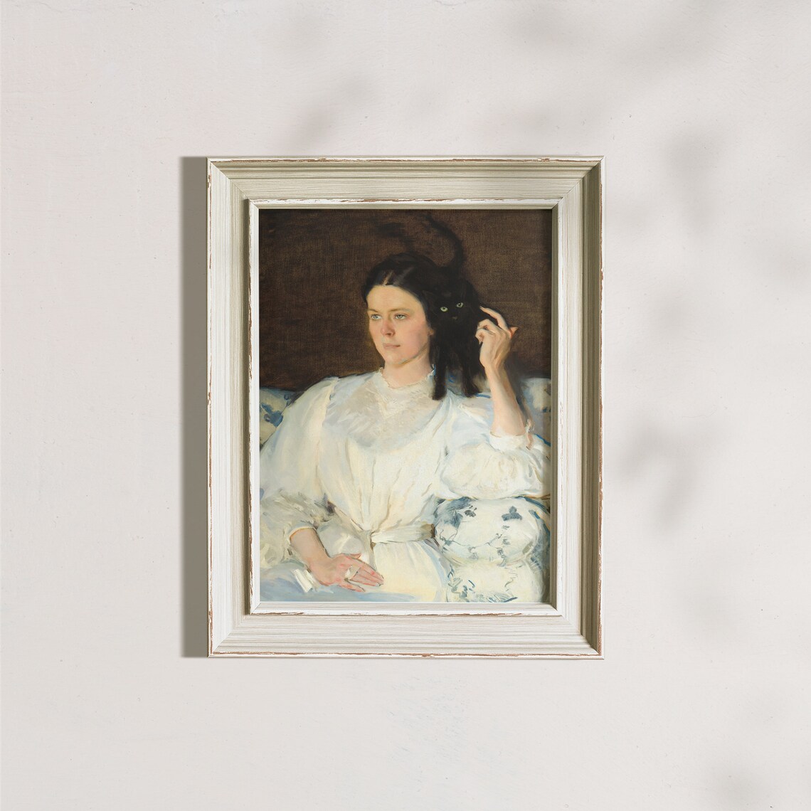 Vintage Portrait of Woman in White Dress with Black Cat Poster - Image 8
