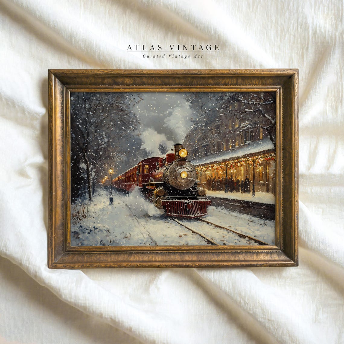 Christmas Express Train Snowy Railroad Station Winter Painting Poster