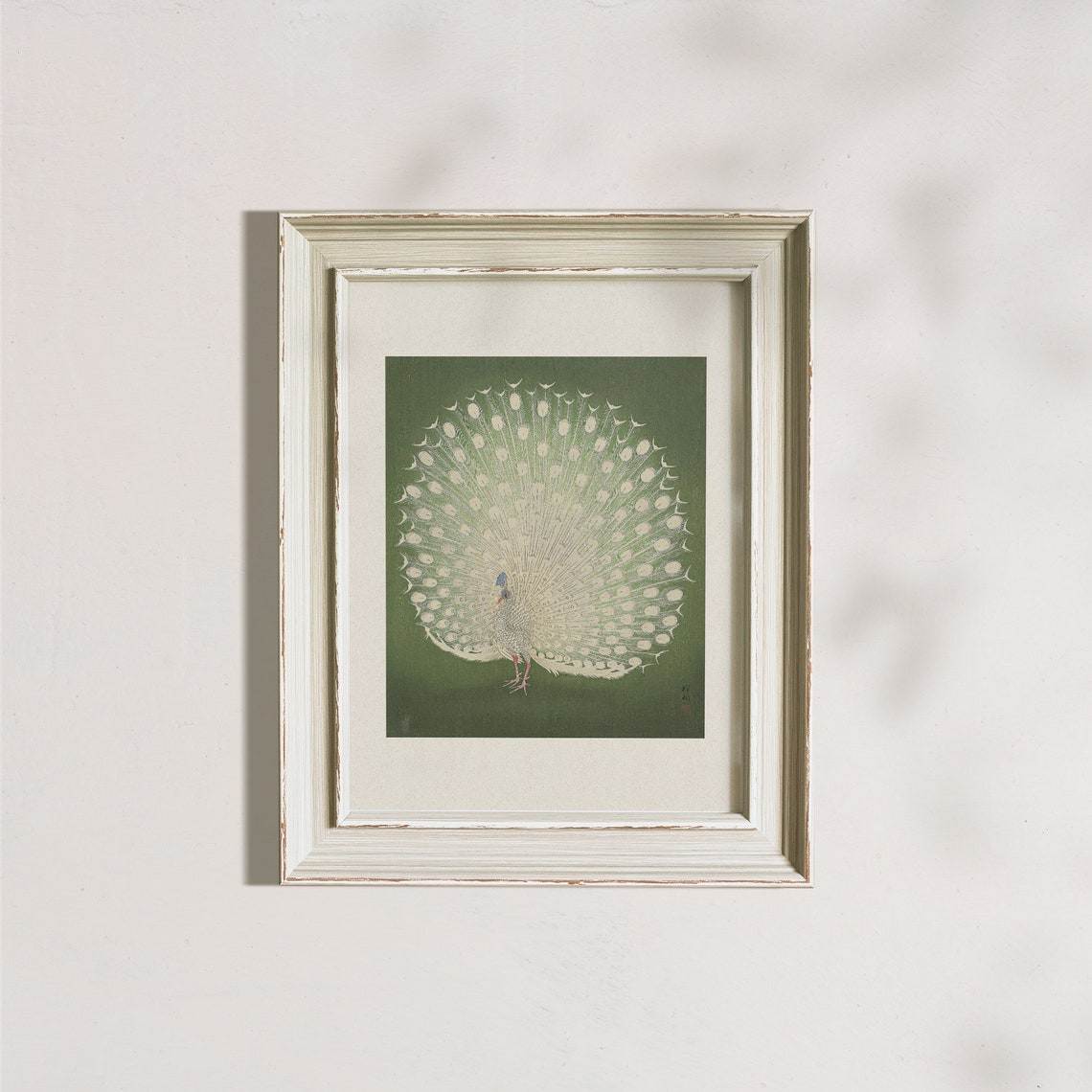 White Peacock with Fanned Tail on Green Japanese Style Poster - Image 8