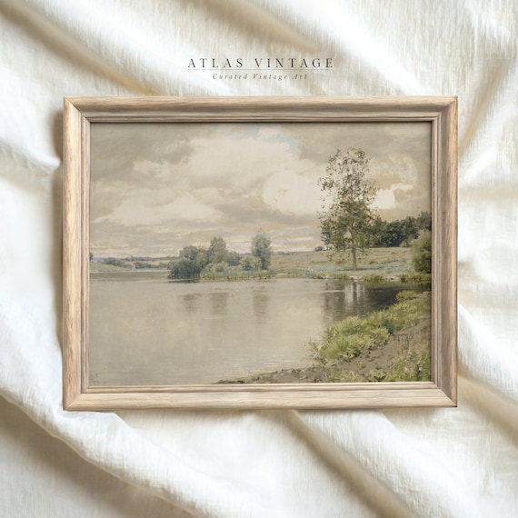 Vintage Summer Lake Landscape With Calm Water and Trees Muted Poster