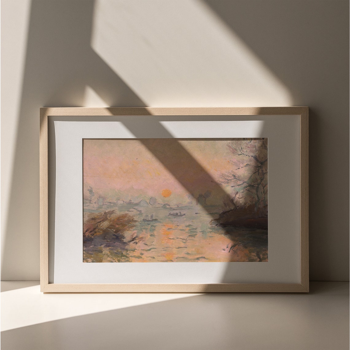 Impressionist Sunset Over River Orange Sun Boats Painting Poster - Image 4
