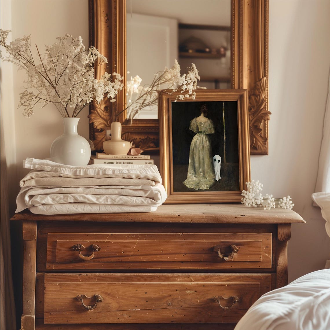 Victorian Lady in Cream Dress With a Cute Ghost Halloween Poster - Image 5
