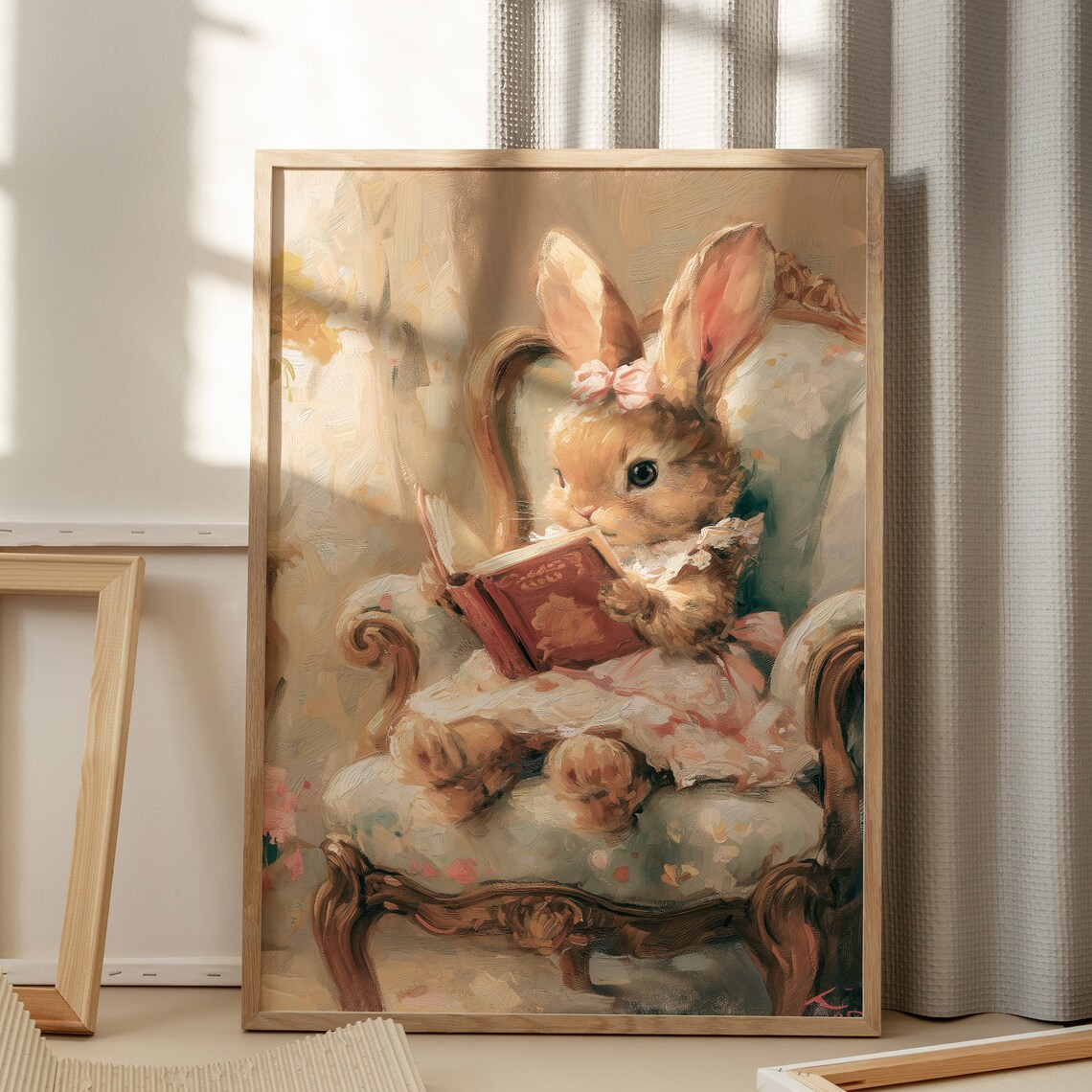 Vintage Bunny Reading a Book Print Cute Rabbit Oil Painting Nursery Wall Decor - Image 6