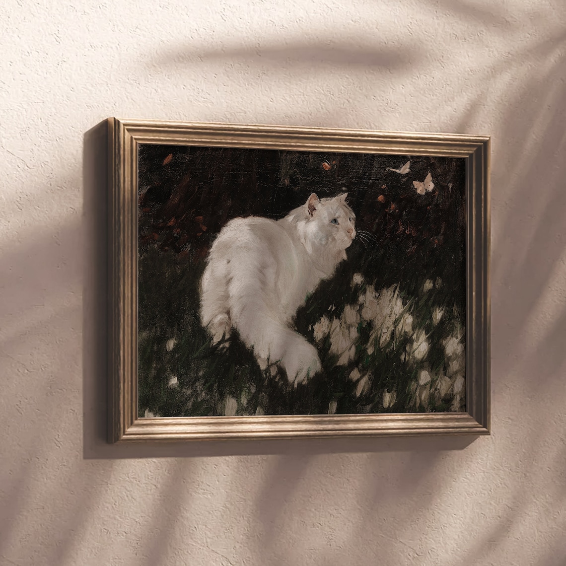 White Cat Among Dark Flowers Butterflies Vintage Oil Painting Poster - Image 4