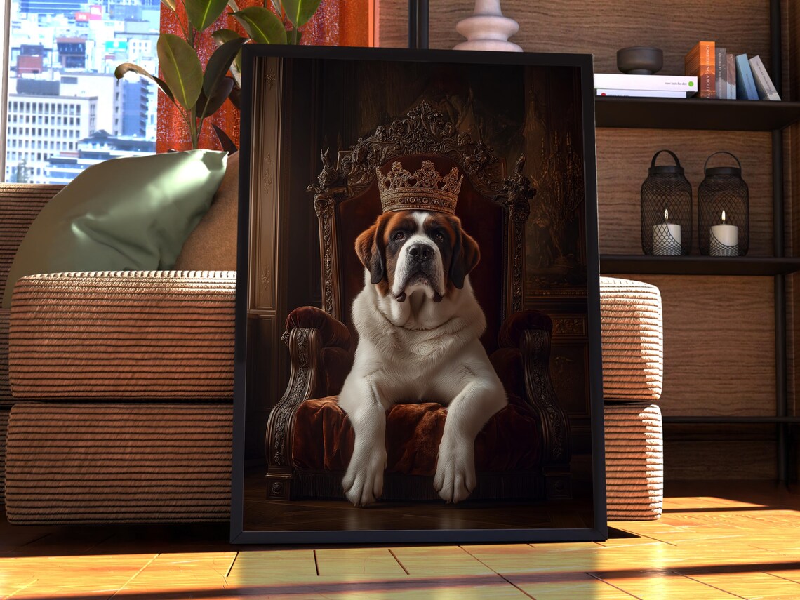 Crowned Saint Bernard Dog on Royal Throne Funny Dog Wall Art