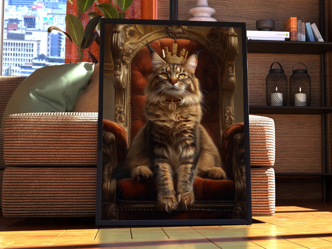 Royal Long-Haired Tabby Cat Gold Crown Throne Portrait Poster