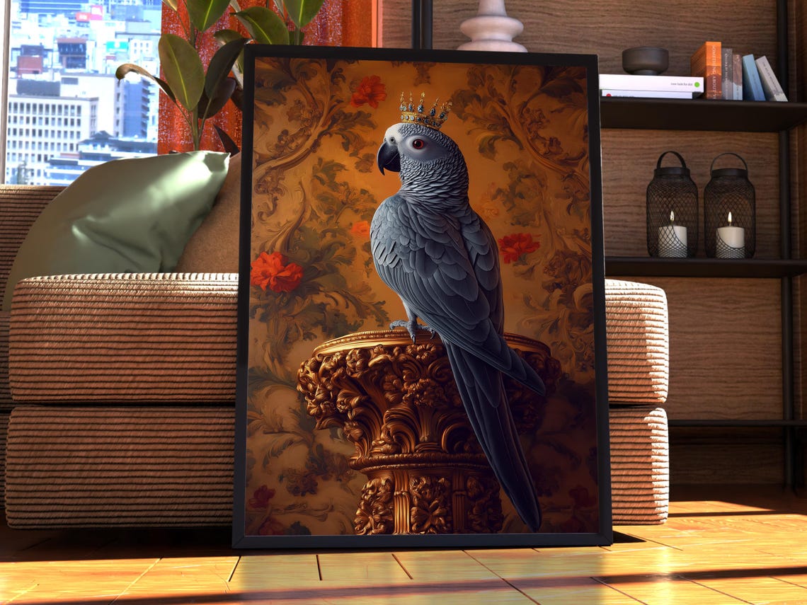 African Grey Parrot Golden Crown Pedestal Royal Bird Wall Art