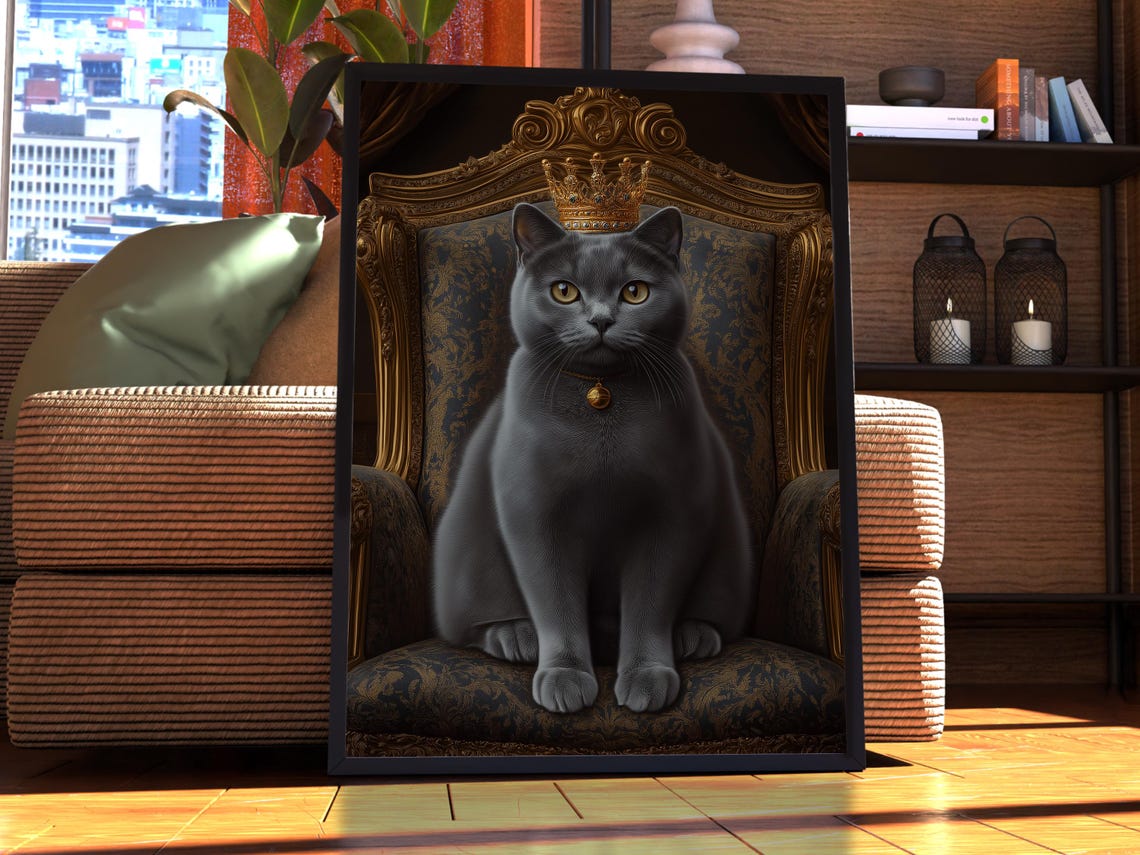 Gray Cat Wearing a Gold Crown Royal Throne Feline Portrait Poster