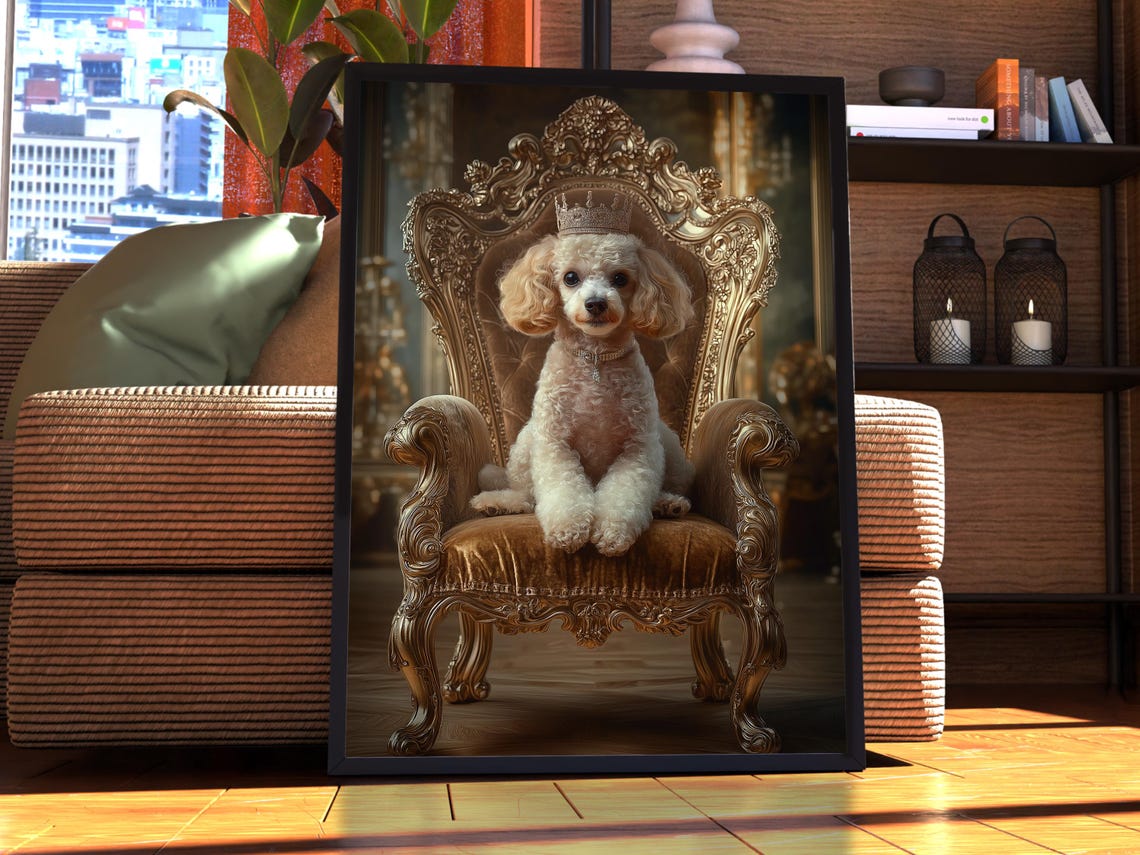 Miniature Poodle Royal Portrait Crowned Dog Gold Throne Print