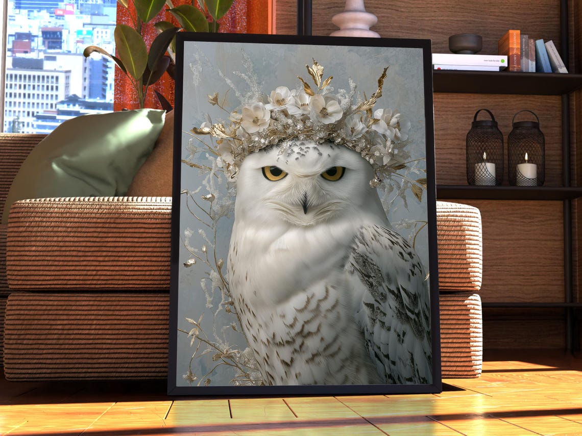 Snowy Owl Floral Crown Maximalist White Gold Botanical Art Poster