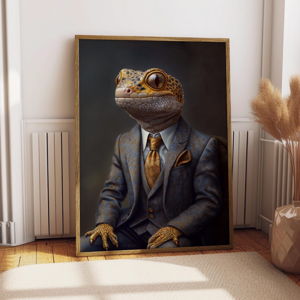 Leopard Gecko Lizard Portrait Suit Whimsical Reptile Art Poster