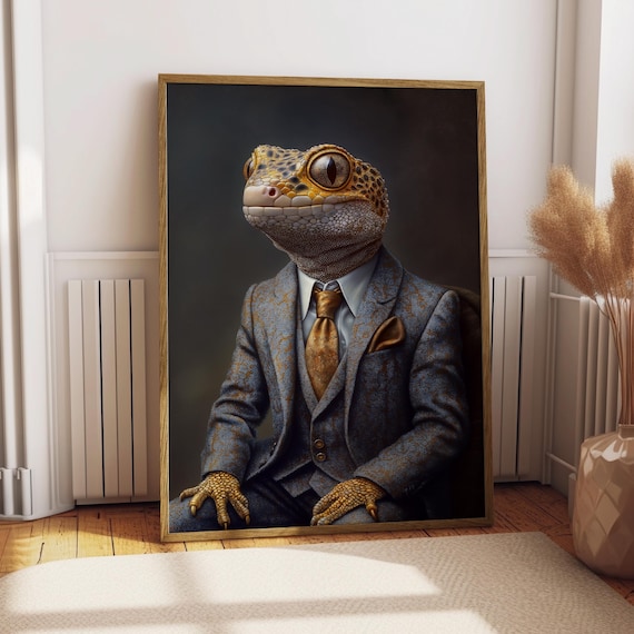 Leopard Gecko Lizard Portrait Suit Whimsical Reptile Art Poster