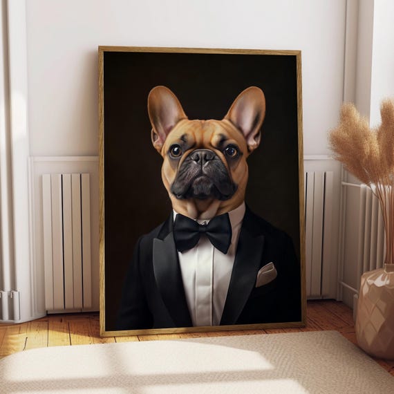 Fawn French Bulldog Suit Portrait Dog Poster Funny Art Custom Pet Print Wall Gift For