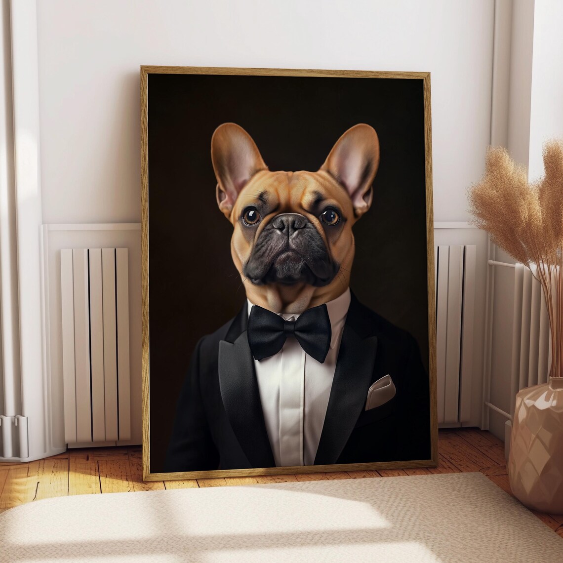 French Bulldog in Black Tuxedo Charming Pet Portrait Funny Dog Poster