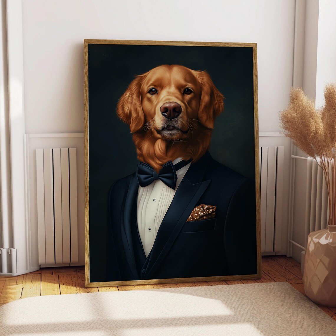 Golden Retriever in Tuxedo Bow Tie Elegant Dog Portrait Poster