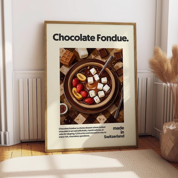 Chocolate Fondue Poster Art Kitchen Decor Print Cafe Gift For Lover Pudding