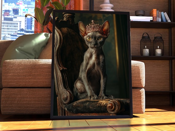 Royal Black Sphynx Cat Wearing Gold Crown Majestic Portrait Poster