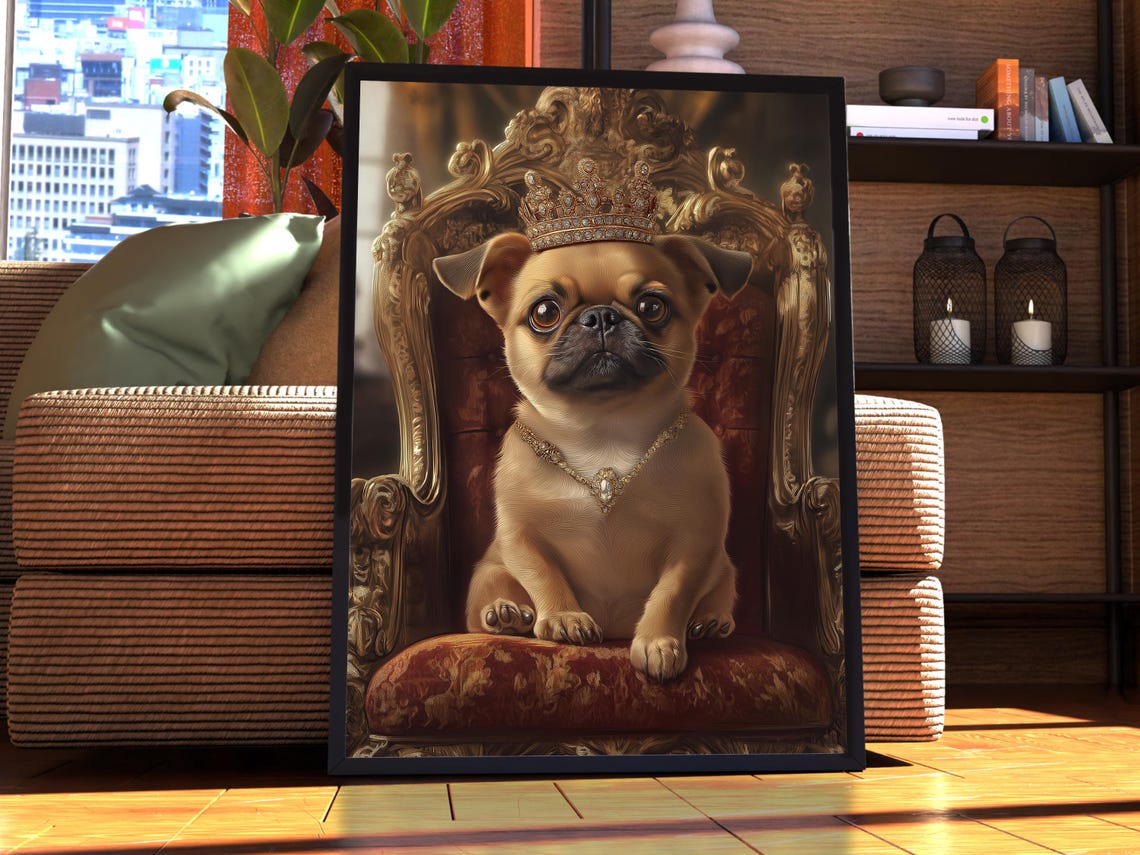 Pug Puppy Royal Crown Golden Throne Portrait Poster Pet Gift