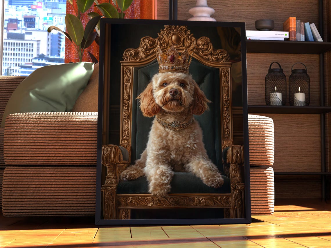 Goldendoodle Royal Portrait Crowned Dog on Golden Throne Poster