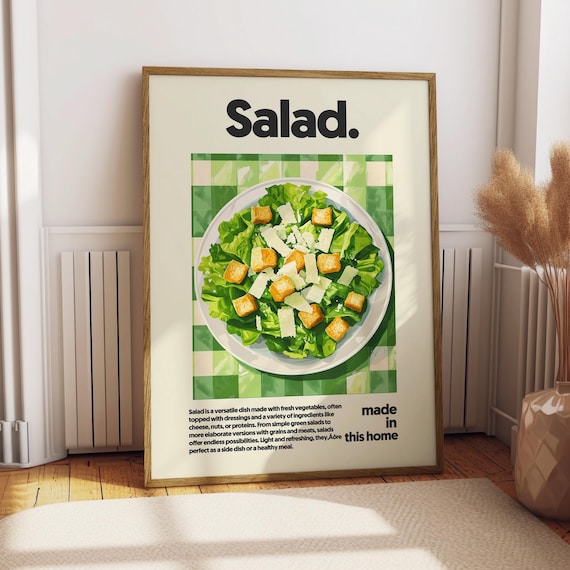 Salad Fresh Caesar Salad Green Checkered Retro Kitchen Poster