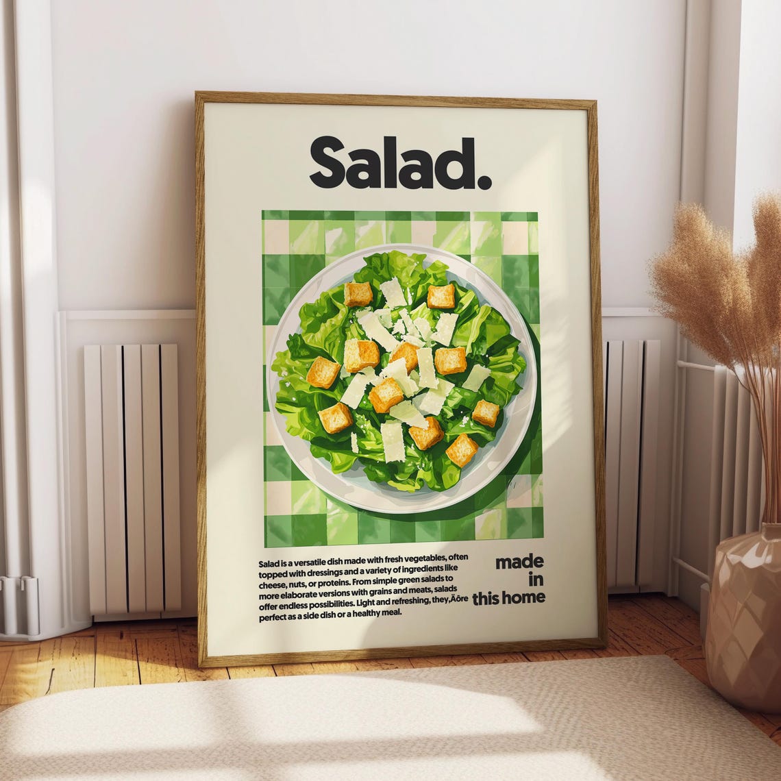 Salad Fresh Caesar Salad Green Checkered Retro Kitchen Poster