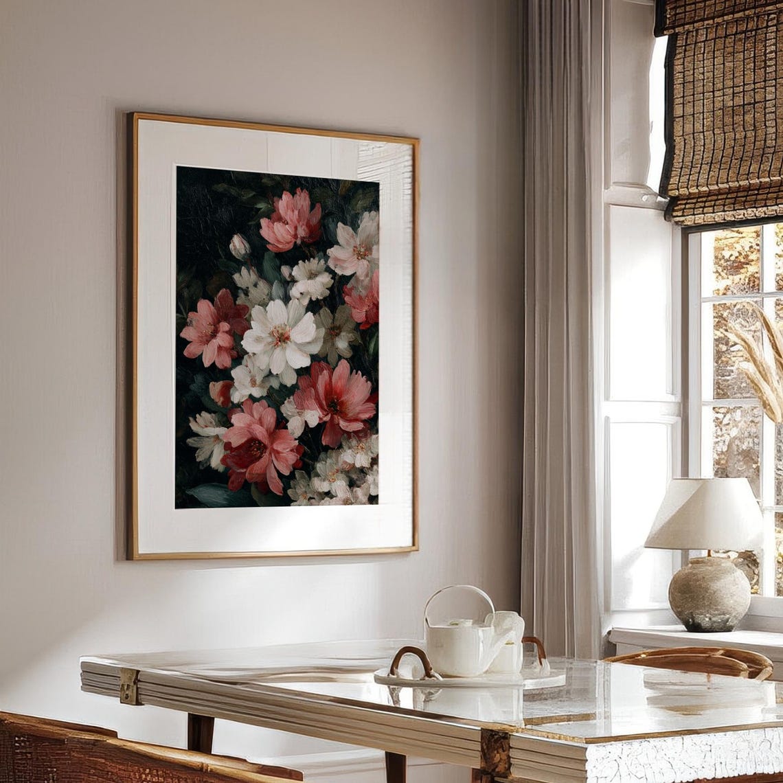 Vintage Pink White Floral Print, Botanical Still Life