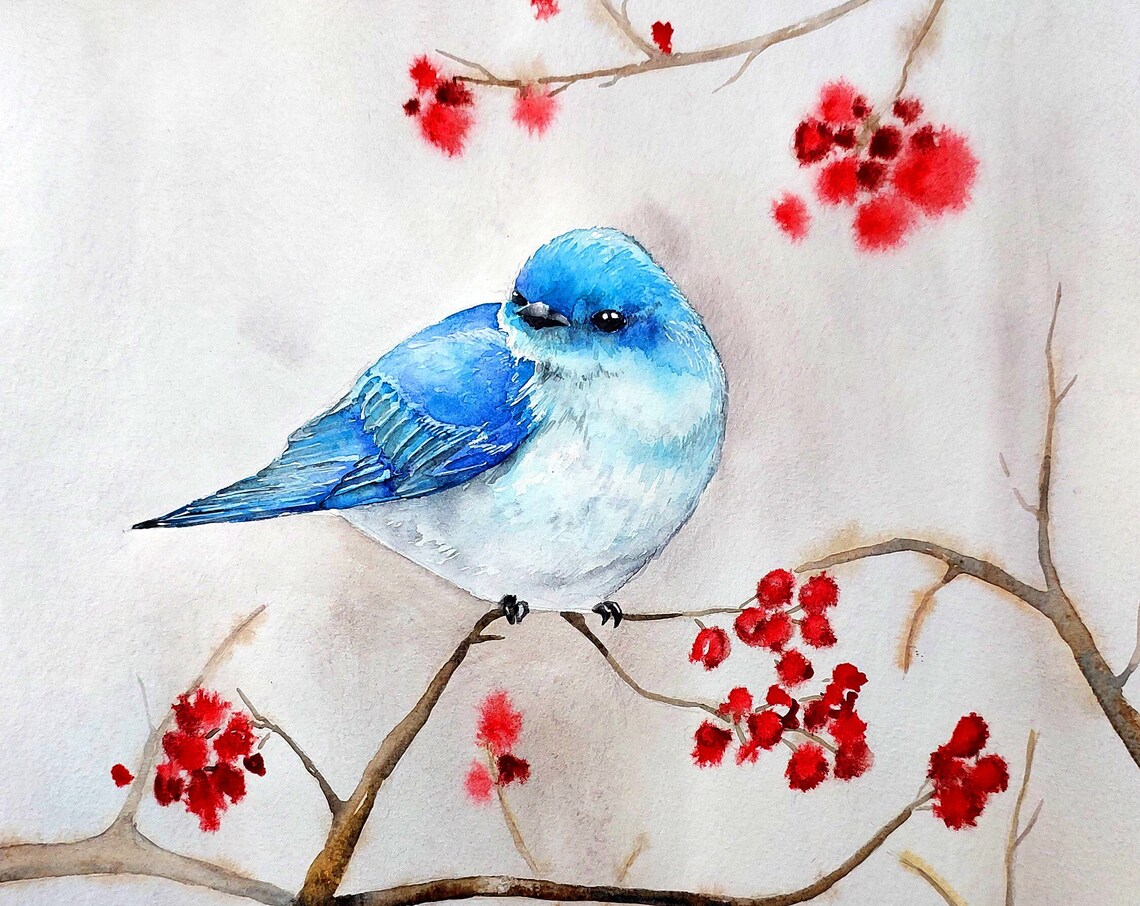 Bluebird Perched on Berry Branch Winter Watercolor Bird Poster