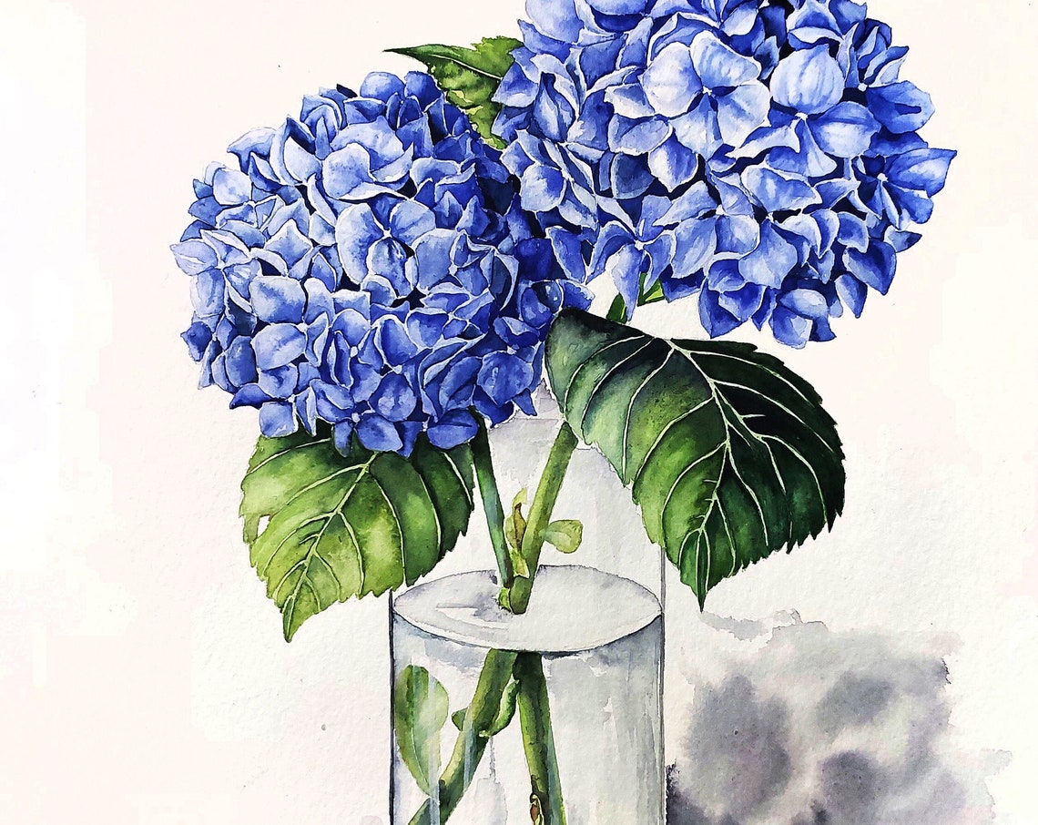 Blue Hydrangea Blossoms in Glass Vase Watercolor Floral Poster