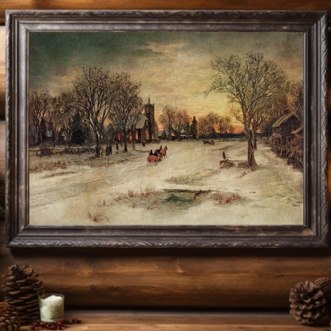 Dashing Through The Snow Sleigh Vintage Winter Village Art Poster