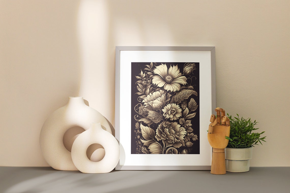 Elegant Cream Floral Artwork on Black Botanical Style Poster - Image 2