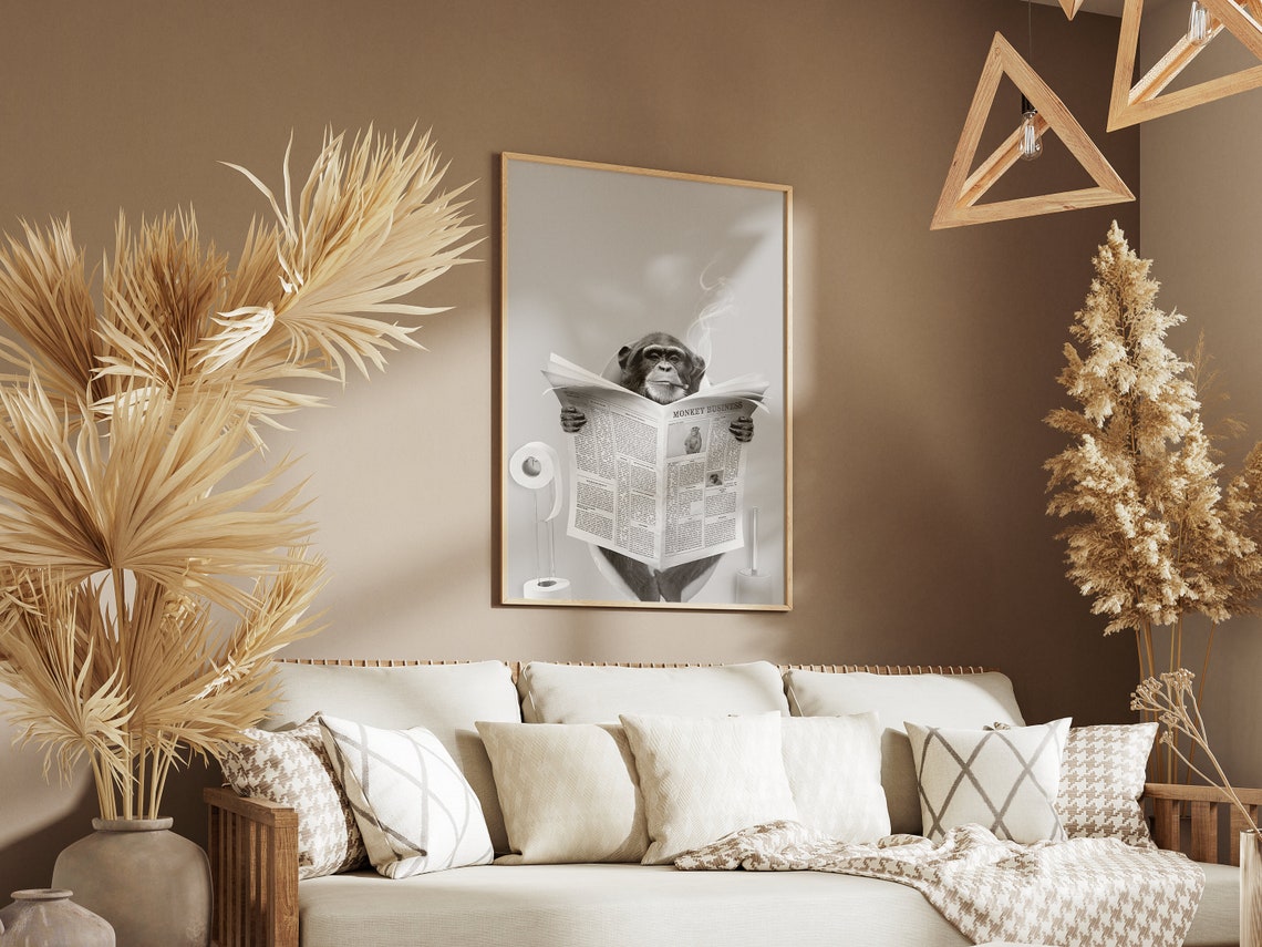 Black and White Monkey Reading Newspaper Toilet Humour Art Poster - Image 4