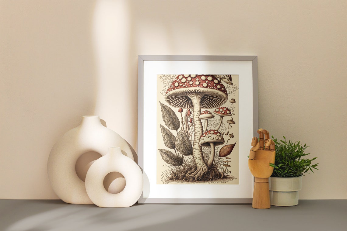 Wild Fly Agaric Red Mushroom Group Botanical Illustration Poster - Image 2