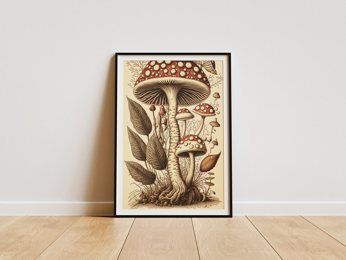 Wild Fly Agaric Red Mushroom Group Botanical Illustration Poster
