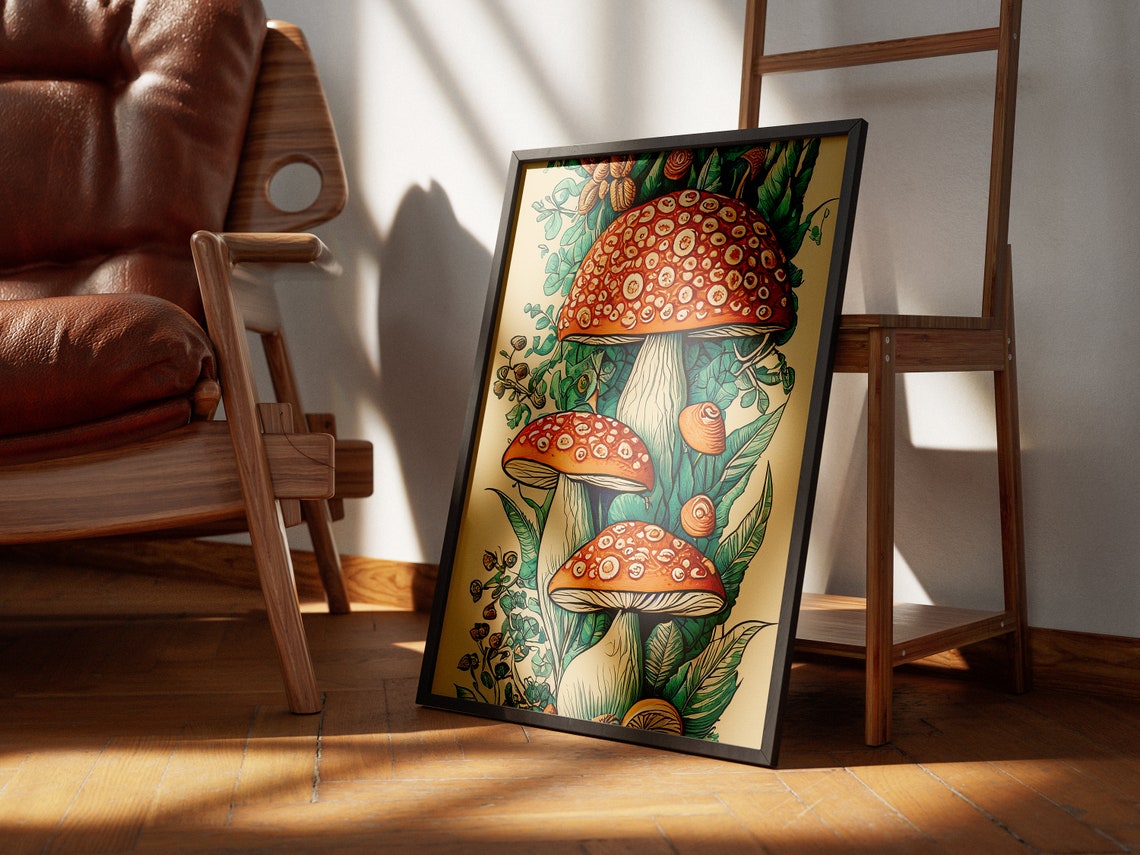 Red Fly Agaric Mushrooms Vintage Botanical Illustration Poster - Image 3