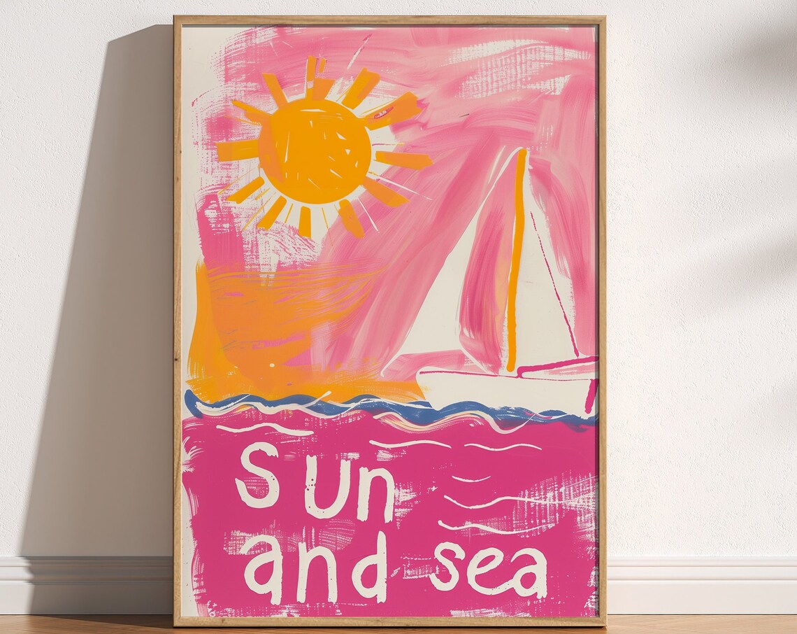 Sun And Sea Pink Sailboat Sunset Abstract Watercolor Coastal Poster